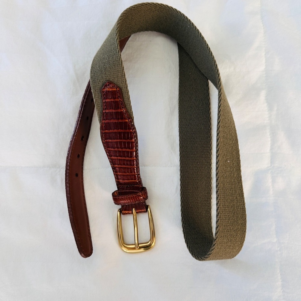 Brighton Belt Mens 44 Leather Lizard Woven Elastic Canvas Brass Buckle USA Made
